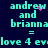 Pixelated text displays 'andrew and brianna = love 4 ev' with pink sparkles on a dark blue background, animated