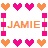 Pixelated 256x256 static icon featuring a heart-shaped border with alternating orange and pink hearts, vertical pink square chains on left/right sides, and the name "JAMIE" in brown pixelated text at center.