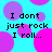 Pixelated cyan background with overlapping pink and purple circles, displaying repeated text "I dont just rock I roll..." in black block letters.