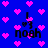 Blue background with pink heart shapes; black text 'noah' and 'I <3' in pixelated font, repeated across the image.