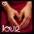 Two hands form a heart shape against a red background with the word 'love' below and a white pixelated heart in the top left corner.