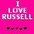 Bright pink background with white pixelated text "I LOVE RUSSELL" and five small heart symbols below, two variations of the hearts differ in color.