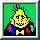 Pixelated yellow character with spiky hair, black jacket, and checkered bow tie against green background; eyes change from closed to red pupils across frames.
