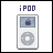Pixelated icon of a white iPod with blue screen showing Apple logo, displaying animated text above it in sequence.