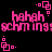 Pixelated pink text and geometric shapes on black background, with repeated 'hahah' and 'schming!schming!' phrases in a looping animation.