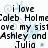 Pixelated black text on white background with light blue star-like sparkles, reading 'i love Caleb Holme', 'ove my sist', 'Ashley and', 'Julia' in four lines.