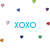 A central blue 'XOXO' text surrounded by scattered pixelated icons on a white background.
