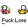 Animated contact sheet of a cartoon character performing various actions with text "Fuck Love" beneath each frame on gray background.