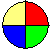 Four circular pixelated icons divided into four quadrants with distinct color combinations on a gray background.
