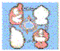 Two side-by-side show a sequence of four pink and white cartoon characters on light blue backgrounds, with positions shifting between frames