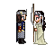 Pixel art animation of two figures in medieval-style clothing standing side-by-side, holding a tall staff, with sequential changes in their posture and facial expressions.