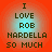 Four identical pixelated text on a red background with cyan gradient halos, each displaying "I LOVE ROB HARDELLA SO MUCH" in dark brown block letters