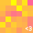 Pixelated of yellow and pink squares with four white '<3' symbols scattered across the composition