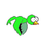 Green cartoon bird with white eyes and yellow beak in nine sequential poses showing wing and body movement against gray background.