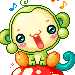Pixel art monkey character on red-and-white mushroom, four expressions with open mouth, closed eyes, and smiling faces.
