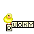 A 3x3 contact sheet of nine animated frames showing a yellow duckling mascot interacting with the word "DUCKY" in pixelated letter blocks on a gray background.