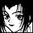 Pixelated black-and-white anime-style character face with text elements on a transparent background, part of an animated contact sheet frame.