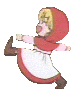 Animated sequence of a cartoon character in red hooded dress performing kicking and standing poses with open mouth expression.