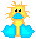 Pixelated character with yellow-orange body, blue limbs and mouth, black eyes on gray background.