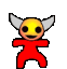 Six pixelated devil figures in red suits with yellow faces and white horns, arranged in two of three on a gray background