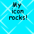 Four identical pixelated text on a blue background with white geometric patterns, each displaying 'My icon rocks!' in black block letters