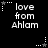 Black background with white pixelated text 'love from Ahlam' repeated in a , each instance accompanied by small star and dot patterns