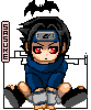 Pixel art character in blue outfit with red eyes, black hair, and headband, seated with hands clasped, surrounded by repeated 'GASUKU' text and bat symbols.