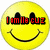 Four pixelated smiley face icons arranged in a , two yellow with red text above eyes and two blue with black text below eyes