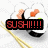 Animated sushi roll icon with chopsticks, displaying 'SUSHI!!!!!' text overlay in one frame and a green wasabi dot in another.