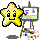 Yellow star-shaped character with black eyes and mouth stands beside easel holding canvas with blue shapes on gray background.