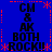 Blue background with red dotted border and asterisks, displaying four identical text blocks reading "CM & AK BOTH ROCK!!" in black pixelated font.