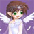 Pixelated character with brown hair, green eyes, and white wings against a purple background wearing a white dress.