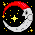 Pixelated crescent moon with red Santa hat, yellow stars on black background.