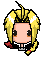Pixel art character with blonde hair and red collar, showing three distinct facial expressions in a single frame.