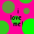 Bright pink background with scattered green circles of varying sizes, some partially overlapping; black text "i love me!" appears in multiple locations.