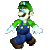 Pixelated character in green cap and shirt, blue overalls with yellow buttons, brown shoes, white gloves, standing against gray background.