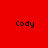 Four quadrants display the name 'Cody' in black pixelated text against solid red, purple, blue, and dark purple backgrounds.