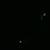 Animated sequence of small blue and yellow abstract shapes moving against a black background with a white rectangular overlay.