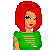 Pixel art of a red-haired woman in green clothing with text elements and a lip print, all on white background.