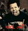 A person in a dark shirt with visible text gestures rock-on while red 'ROCK ON!!' text appears at the bottom of one frame.