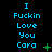 Pixelated blue text on black background reads 'I Fuckin Love You Cara' with green plus and X symbols, animated by changing small green dots.