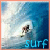 A pixelated surfing scene with a surfer riding a wave, bordered by orange and blue frames, featuring the text 'SURF' at the bottom.