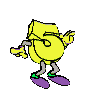 Yellow cartoon character with purple shoes and green ankle accents in multiple poses against gray background.