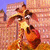 A cartoon giraffe with a yellow face and orange body stands in front of a brick wall, holding a red object with both hands.
