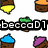 Pixelated image of a person holding a glowing sword, with colorful cupcake icons and text 'beccad1' in the top-left corner.