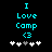 Cyan pixelated text 'I Love Comp <3' above five white and gray plus signs on black background, with one gray sign shifting position between frames.