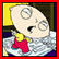 Two side-by-side animated frames of a cartoon character with large head, yellow shirt, red overalls, and closed eyes in first frame transitioning to raised arms pose in second frame.