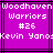 Pixelated text on a purple background with black lines, displaying 'Woodhaven Warriors #26 Kevin Yano' in white block letters