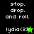 Pixelated text and star symbols on split black-green backgrounds with 'stop. drop. and roll.' and 'lydia<33' visible.