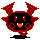 Four pixel-art devil icons with red horns, black bodies, and orange mouths arranged in a on gray background